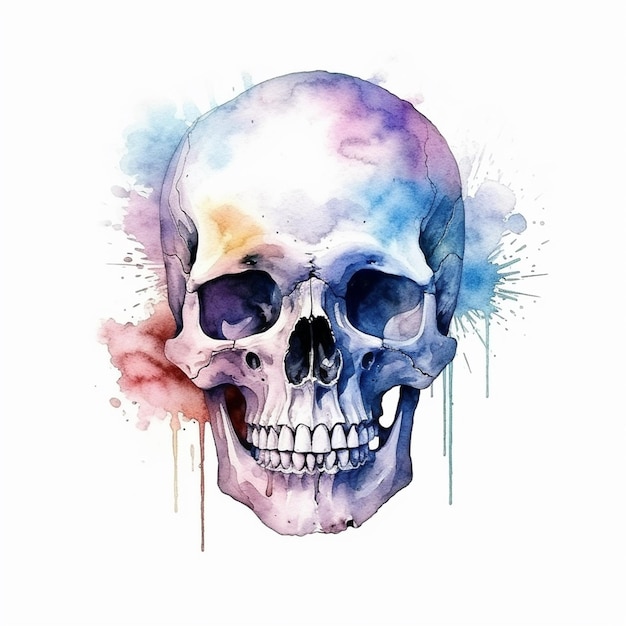 Zdjęcie kolorowa czaszka z fioletowym i niebieskim tłem.