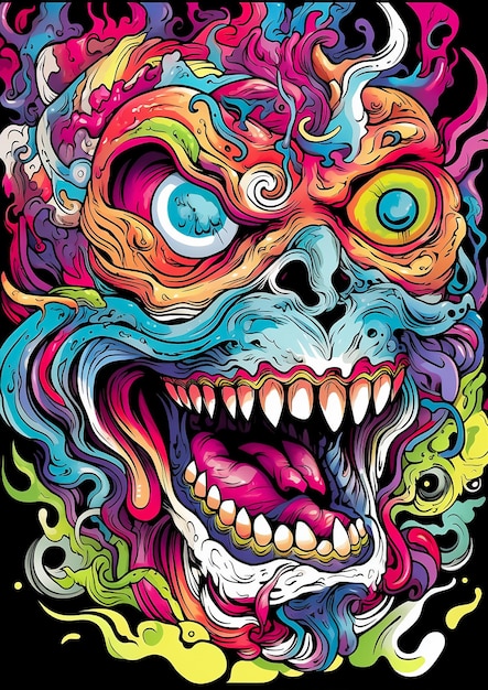 Kolorowa, dziwaczna, pusta twarz potwora z przerażającym uśmiechem w sztuce mandali