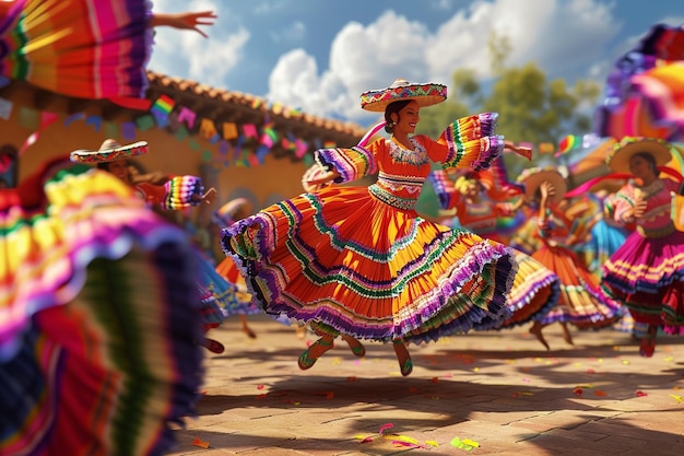 Kolorowa fiesta z tancerzami kręcącymi się w tradycji