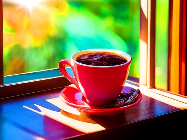 kolorowa filiżanka kawy wypełniona jaskrawoczerwonymi i zielonymi ziarnami kawy stoi na słonecznym parapecie im