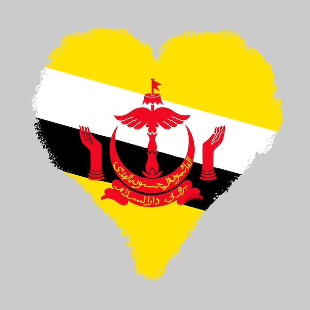 Kolorowa flaga Brunei w kształcie serca ze stylem pociągnięcia pędzla izolowanym na szarym tle