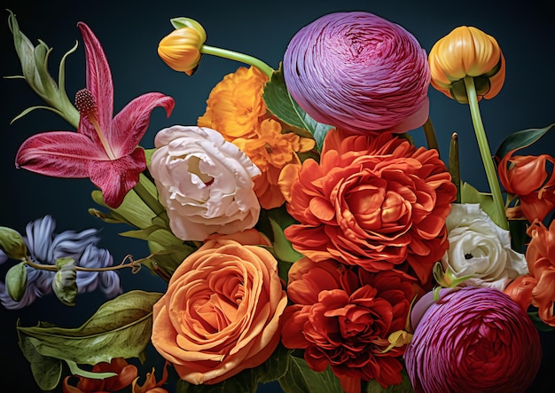 Kolorowa floralna martwa natura z różnymi kwiatami