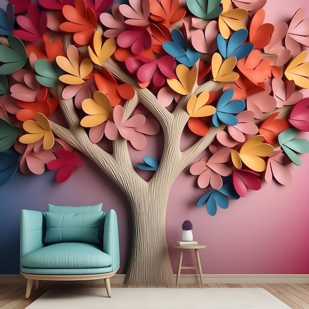 Kolorowa fototapeta z drzewem z papierowych serc.