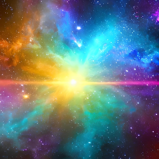 Kolorowa galaktyka z niebiesko-fioletową mgławicą i jasną gwiazdą.