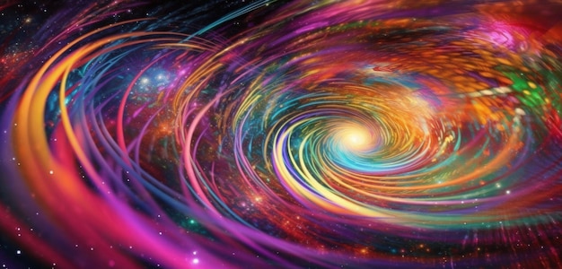 Kolorowa galaktyka ze spiralnym wzorem i napisem „kosmiczny”.