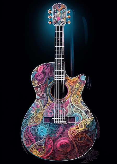 Kolorowa gitara akustyczna na ciemnym tle AI Generated Image