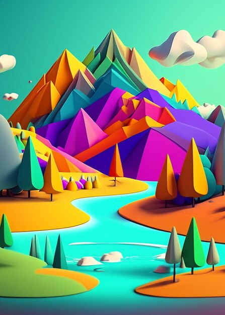 Kolorowa góra z rzeką i drzewami