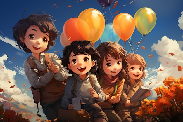 kolorowa grupa dzieci czytających z balonami w stylu kolorowych zdjęć animowanych