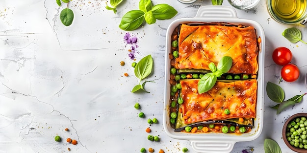 Zdjęcie kolorowa i apetyczna bezglutenowa wegańska lasagna z grillowanym bakłażanem, zielonym groszkiem, soczewicą i warzywami koncepcja vegana lasagna bezglutenowe przepis grillowany baklażan, zielony groszek, soczowica