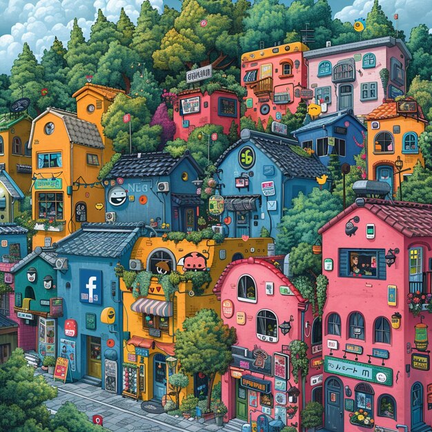 Kolorowa i dziwaczna ilustracja miasta w mediach społecznościowych z żywymi postaciami