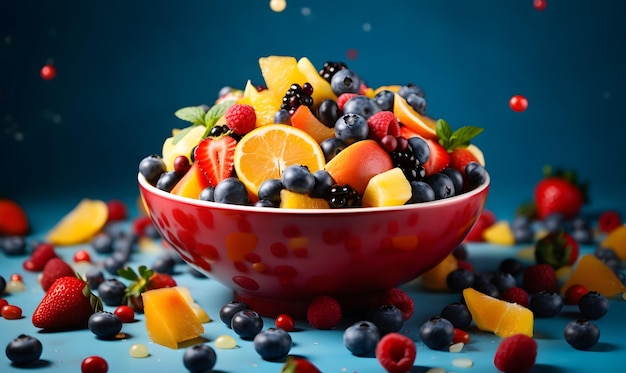 Kolorowa i orzeźwiająca letnia sałatka owocowa z jagodami i melonem Generative AI