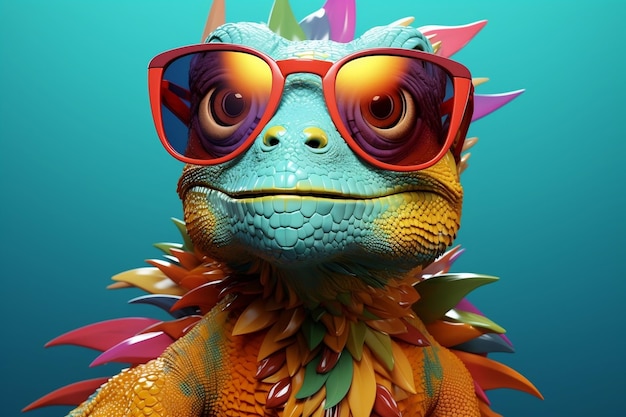 Kolorowa Iguana z okularami przeciwsłonecznymi Kreskówka izolowane tło Generatywne AI