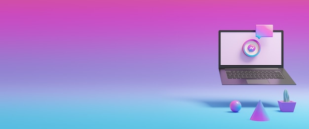 Kolorowa ikona komunikatora na 3d renderowanym ekranie laptopa