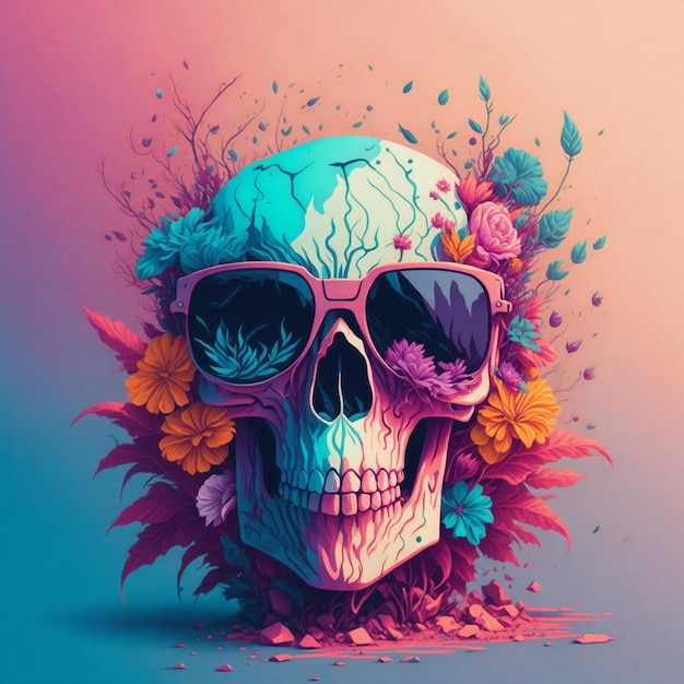 Kolorowa ilustracja czaszki noszącej okulary przeciwsłoneczne liście i kwiaty