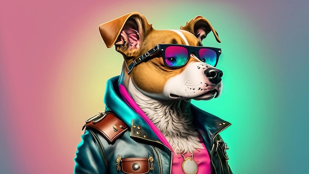 kolorowa ilustracja fantazyjnej postaci psa w okularach przeciwsłonecznych i skórzanej kurtce patrzącej w stronę