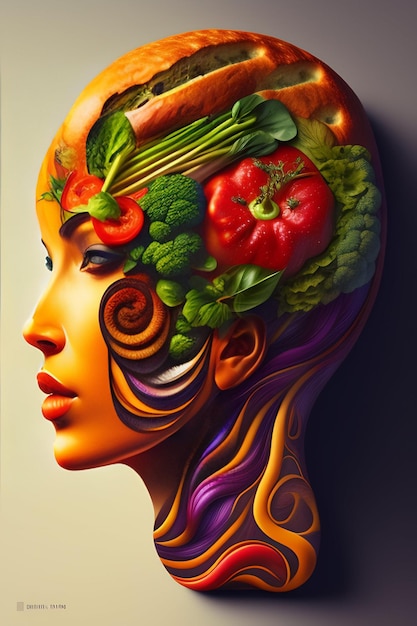 Kolorowa ilustracja głowy kobiety z warzywami pośrodku.