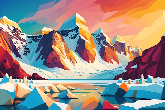 Kolorowa ilustracja gór i gór lodowych.