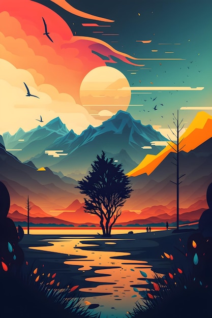Kolorowa ilustracja górskiego krajobrazu z drzewem na pierwszym planie i słońcem w tle.