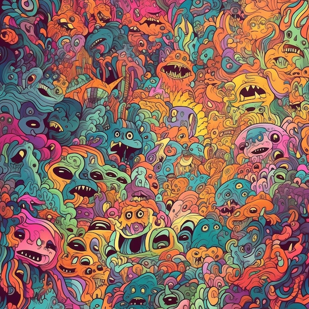 Kolorowa ilustracja grupy ludzi z napisem „psychedelic”.