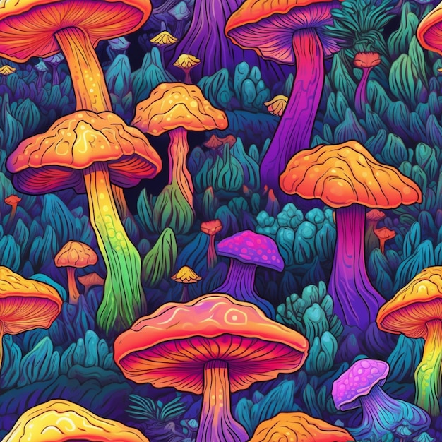 Kolorowa ilustracja grzybów w lesie.