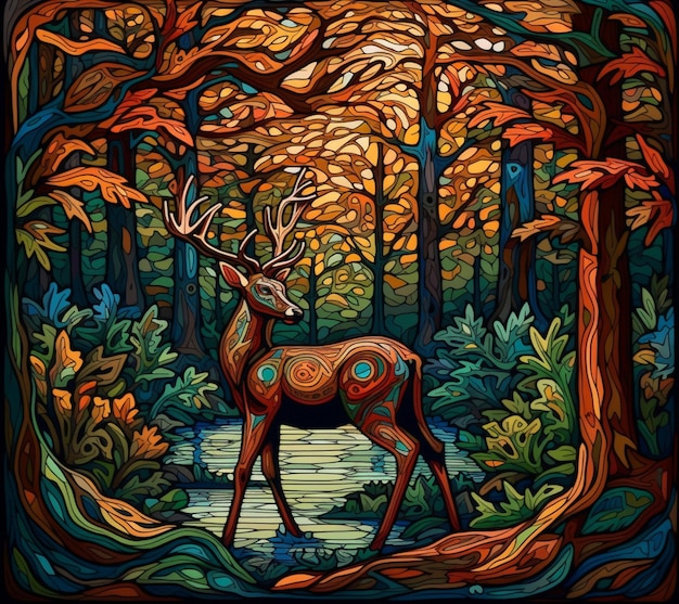 Kolorowa ilustracja jelenia w lesie ze stawem w tle.