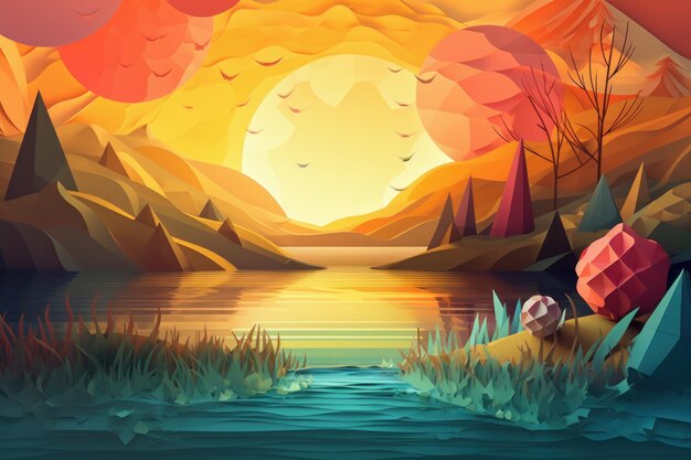 Kolorowa ilustracja jeziora z jeziorem i słońcem na niebie.