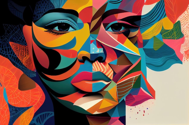 Kolorowa ilustracja kolażu twarzy z abstrakcyjnymi kształtami i wzorami