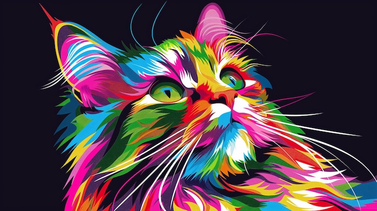 Zdjęcie kolorowa ilustracja kota z kolorowymi liniami