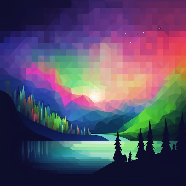 Zdjęcie kolorowa ilustracja krajobrazu z jeziorem i górami w tle.