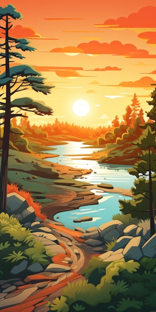 Kolorowa ilustracja krajobrazu z lasem i wydmami
