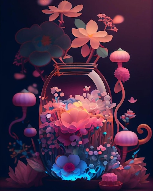 Kolorowa ilustracja kwiatów w szklanym słoju.