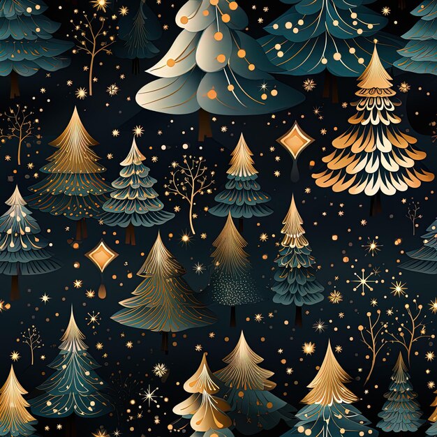 kolorowa ilustracja lasu z sosnami i płatkami śniegu