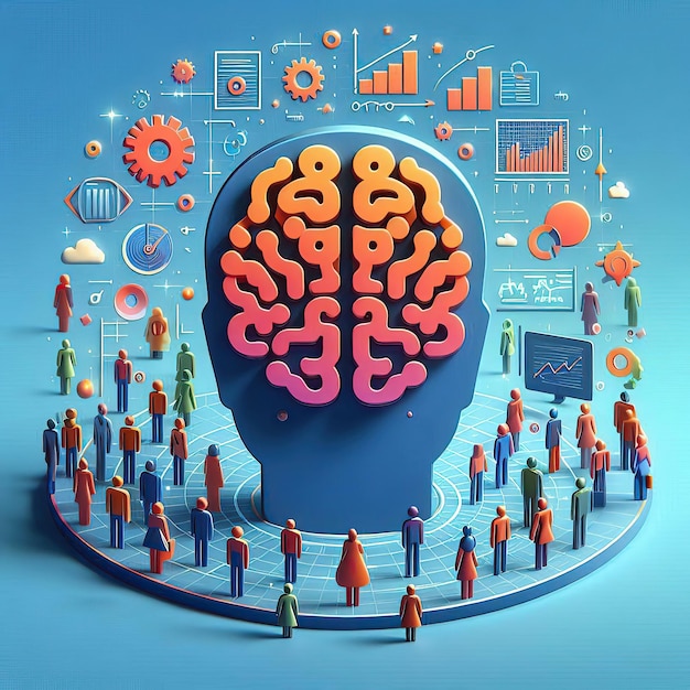 Kolorowa ilustracja ludzi stojących wokół mózgu z słowem mózg na nim