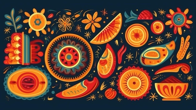 Kolorowa ilustracja meksykańskiego jedzenia i dekoracji