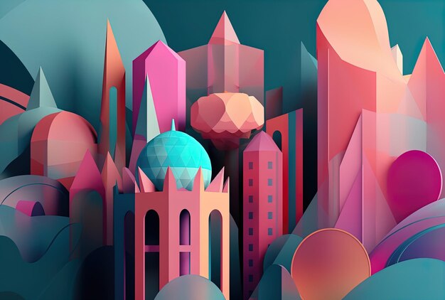 kolorowa ilustracja miasta z wieloma budynkami i miastem w tle.