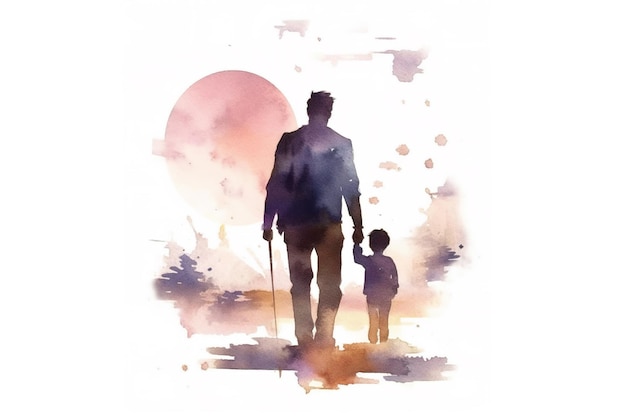 Kolorowa ilustracja na Dzień Ojca przedstawiająca dziecko trzymające ojca za rękę z generatywną technologią sztucznej inteligencji