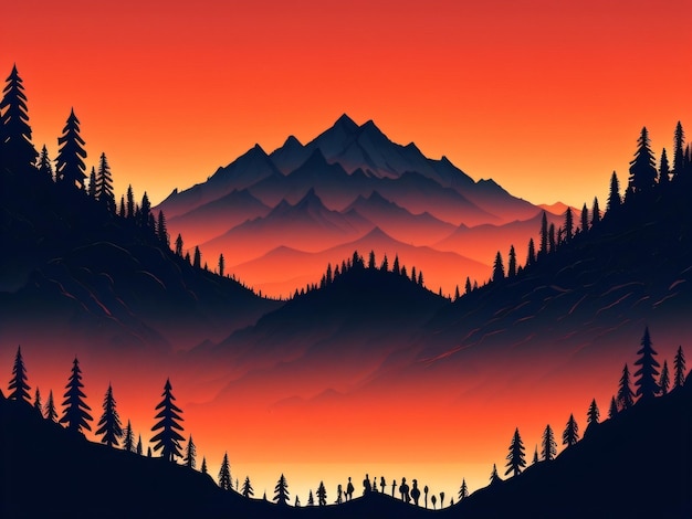 Kolorowa ilustracja pasma górskiego z zachodem słońca w tle.
