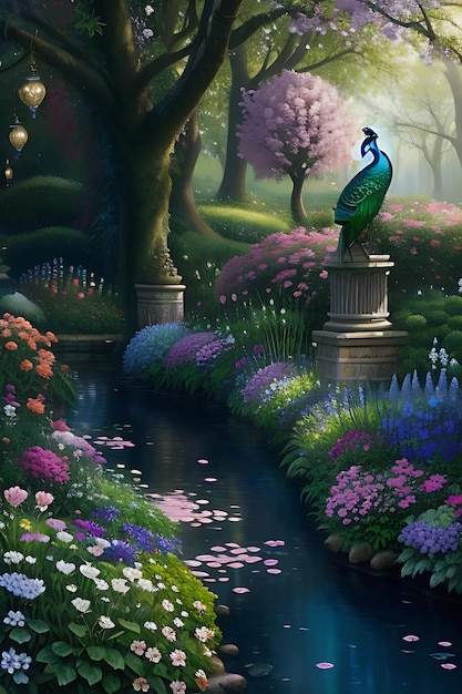 Kolorowa ilustracja pawów w ogrodzie kwiatowym 3D cyfrowa sztuka