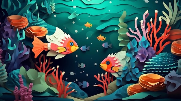 Kolorowa ilustracja podwodna scena z rafą koralową i rybami Generative AI