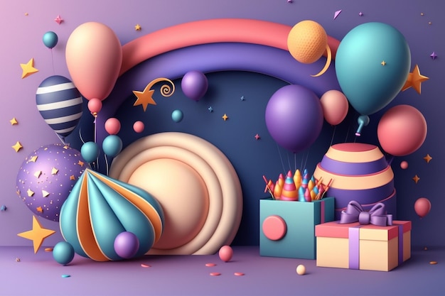 Kolorowa ilustracja przedstawiająca balony i pudełko z tortem urodzinowym.