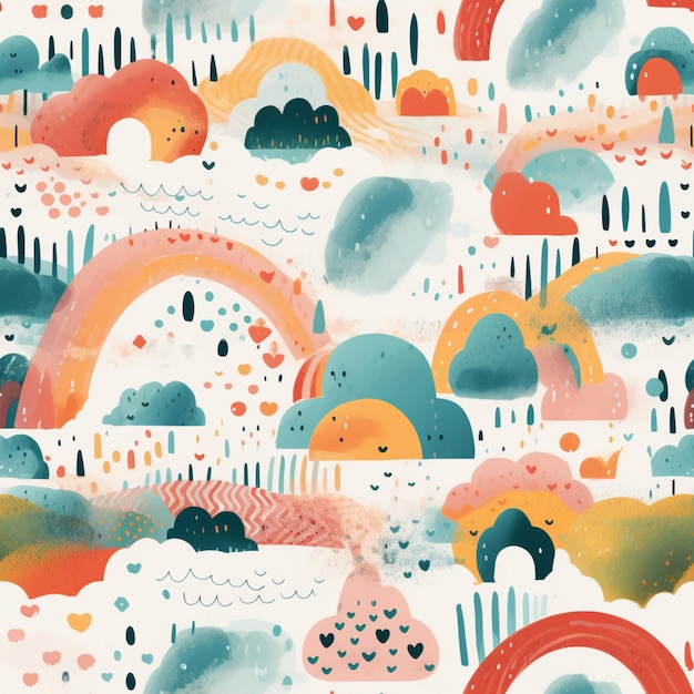 Kolorowa ilustracja przedstawiająca chmurę z tęczą i napisem „tęcza”.