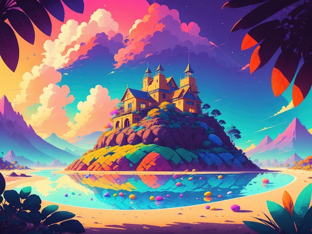 Kolorowa ilustracja przedstawiająca dom z tęczowym dachem i kolorowym niebem
