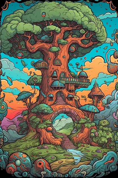 Kolorowa ilustracja przedstawiająca domek na drzewie z domkiem z grzybami.