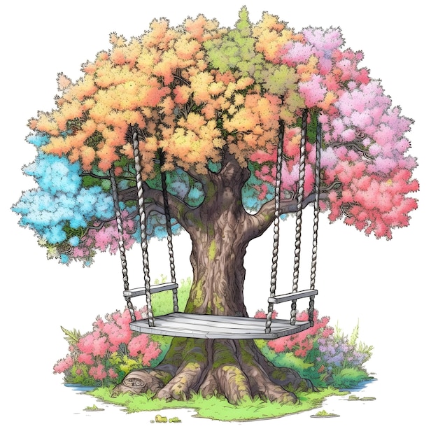 Kolorowa ilustracja przedstawiająca drzewo z wiszącą na nim huśtawką.