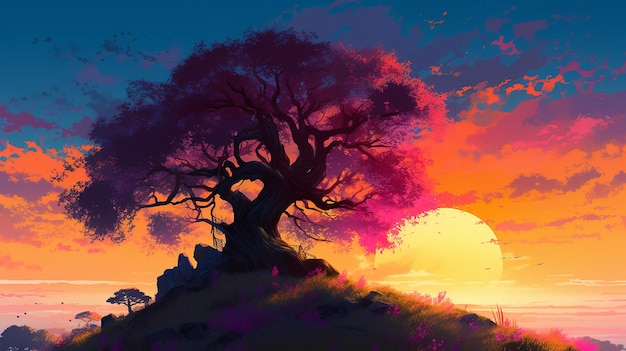 Kolorowa ilustracja przedstawiająca drzewo z zachodzącym za nim słońcem.