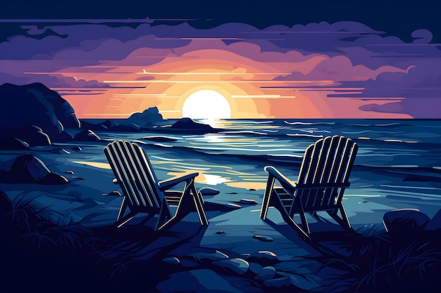 Kolorowa ilustracja przedstawiająca dwa krzesła na plaży o zachodzie słońca