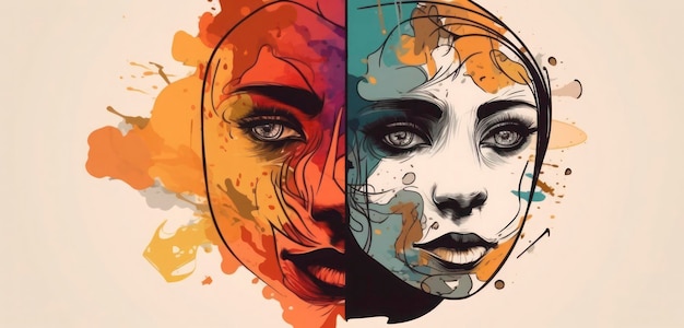 Kolorowa ilustracja przedstawiająca dwie twarze, z których jedna przedstawia twarz kobiety