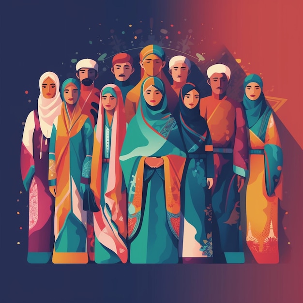 Kolorowa ilustracja przedstawiająca grupę ludzi ze słowem ramadan na dole