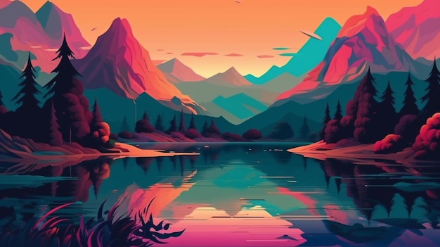 Kolorowa ilustracja przedstawiająca jezioro z górami i drzewami.