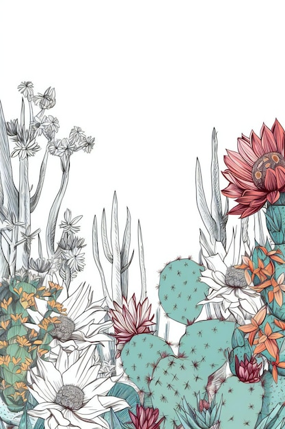 Kolorowa ilustracja przedstawiająca kaktusa i kwiaty.